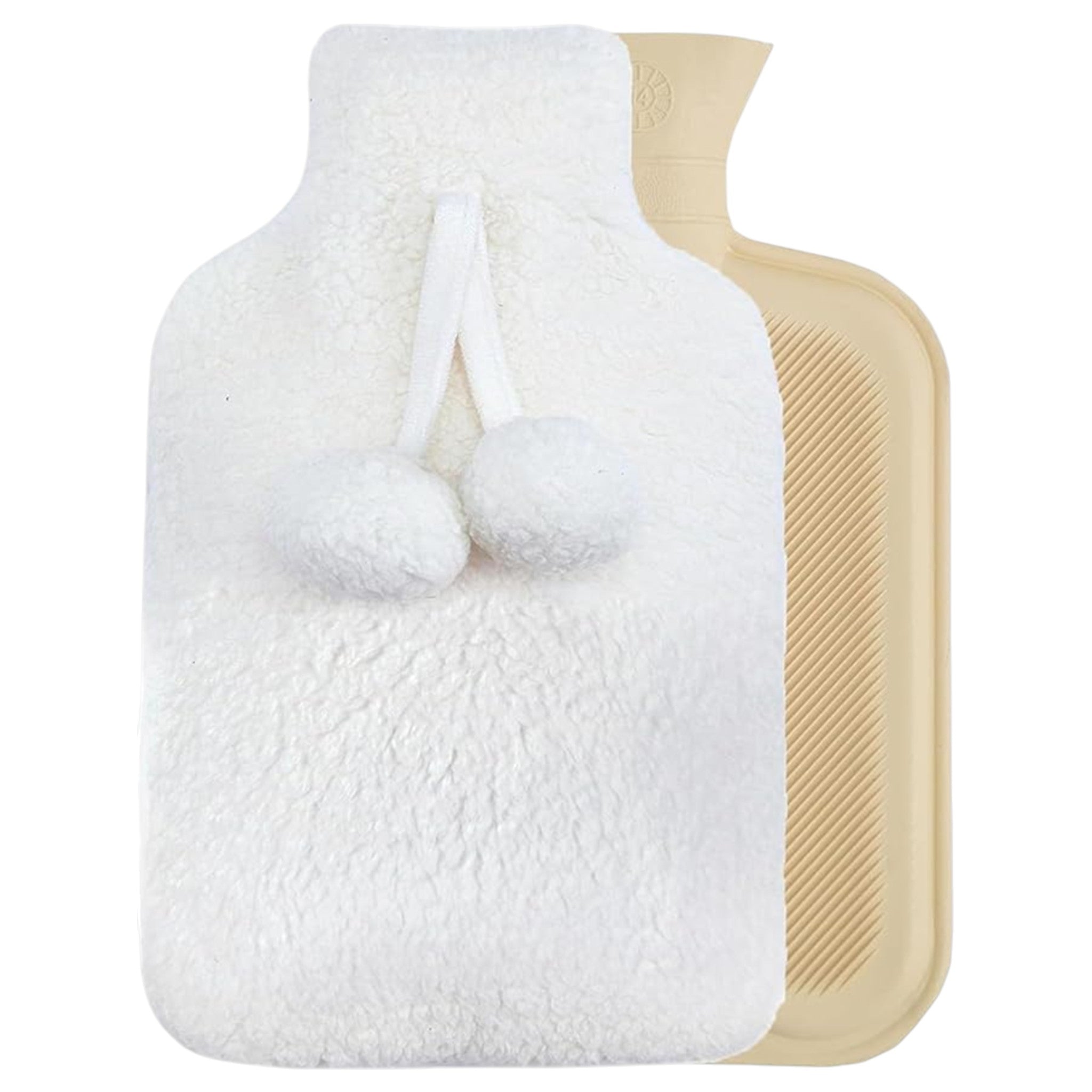Elite Heat hot water bottle with removable plush cover, perfect for winter in cream white